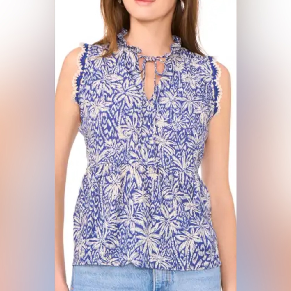 NEW CeCe Blue/White Sleeveless Tie Front Blouse